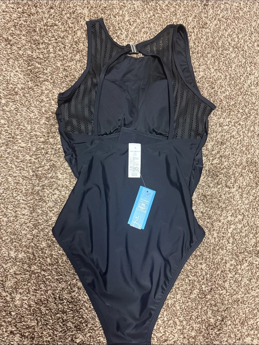 Cupshe NWT M Black High-Neck Backless Mesh OPEN BACK One-Piece Swimsuit
